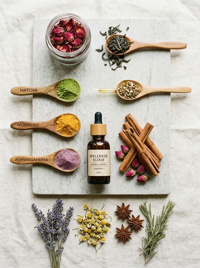 Botanical ingredients flat lay for Revitalis nutraceuticals
