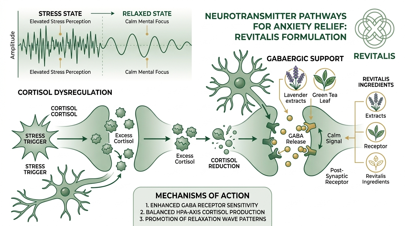 Clinical medical infographic showing neurotransmitter pathways for anxiety relief with Revitalis formulation