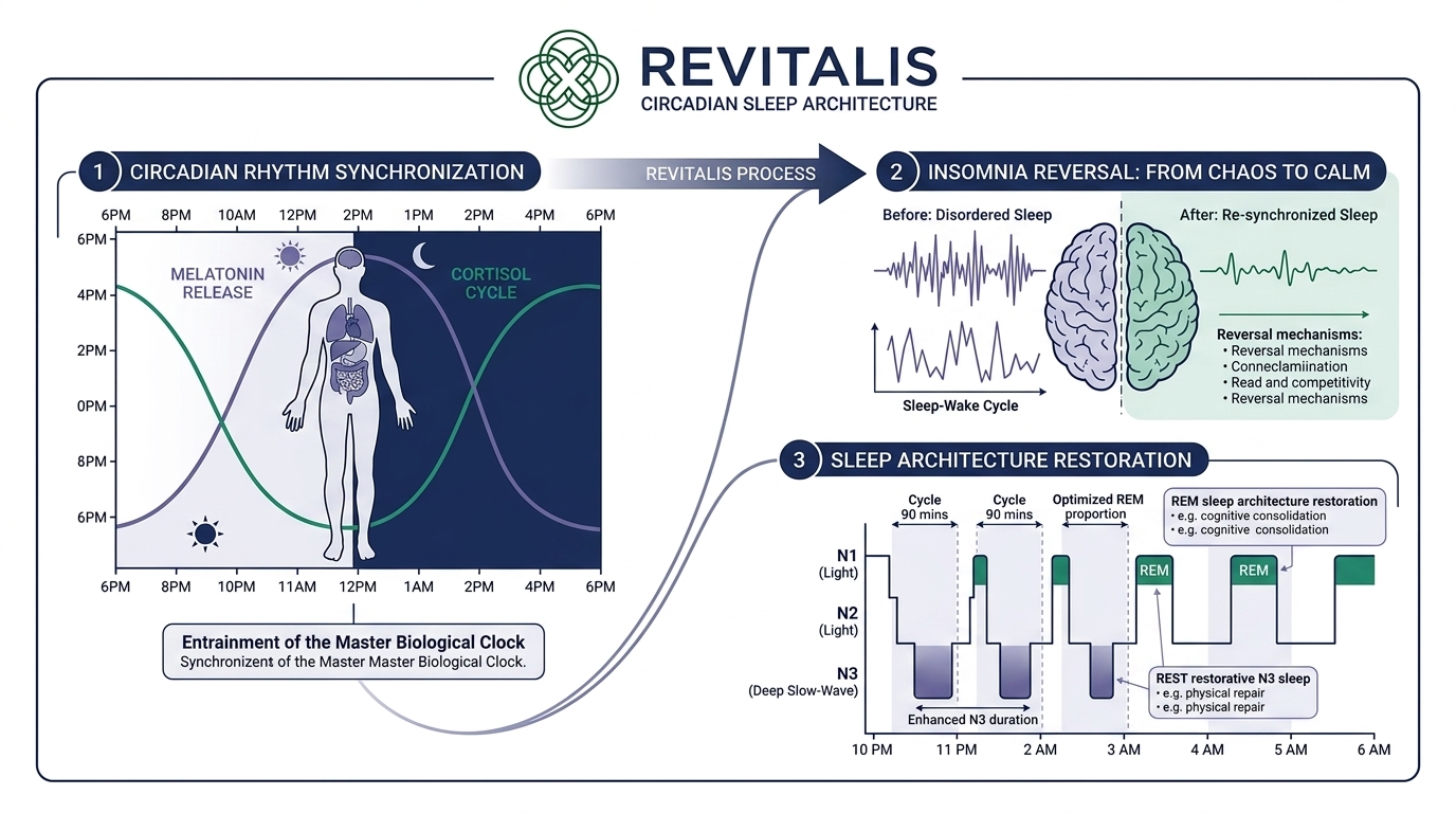 Clinical medical infographic showing Revitalis circadian sleep architecture and insomnia reversal process